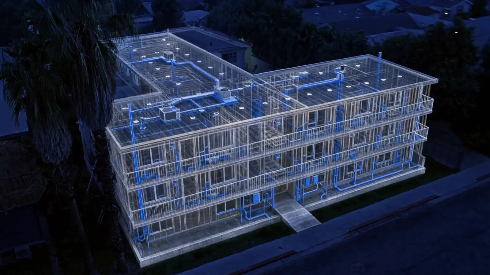 An illustrative apartment building with its structure and systems exposed